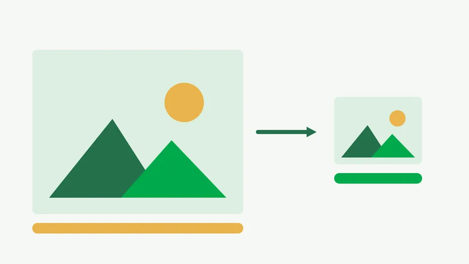 Diagram: a large photo with a long file-size bar, an arrow, and the same photo smaller with a much shorter bar