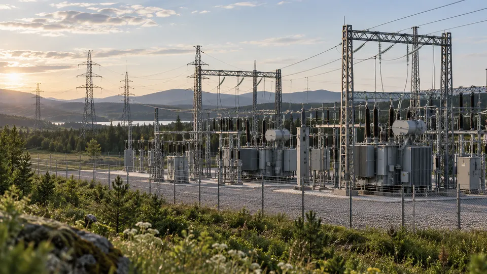 Illustration of an electricity substation with transformers and pylons in hilly countryside at dusk