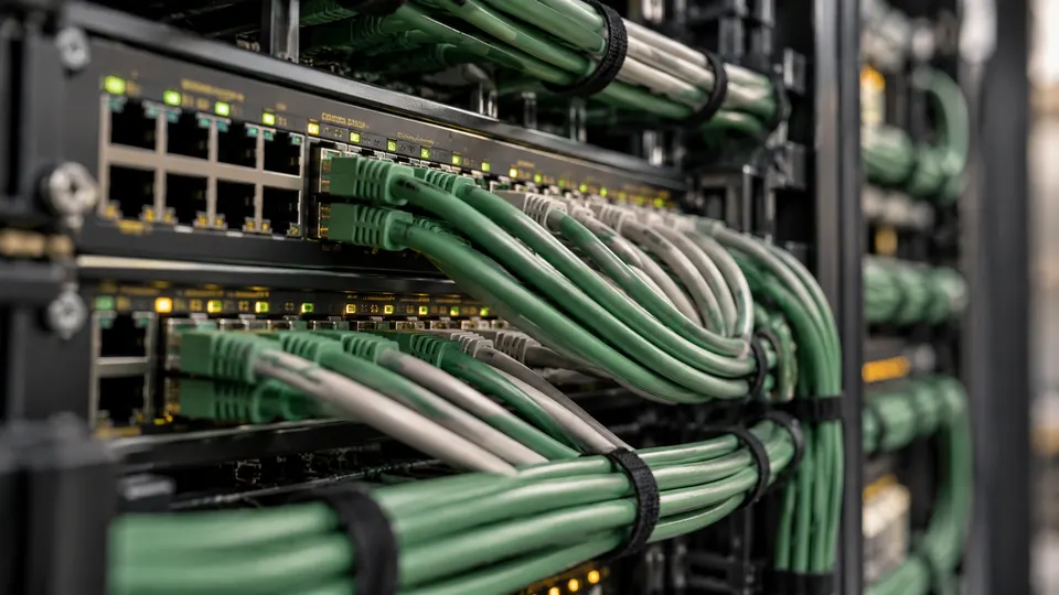 Illustration of a network switch with rows of green and grey patch cables plugged into its ports